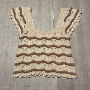 Jessica Simpson Cream and Brown Knit // Crochet Blouse